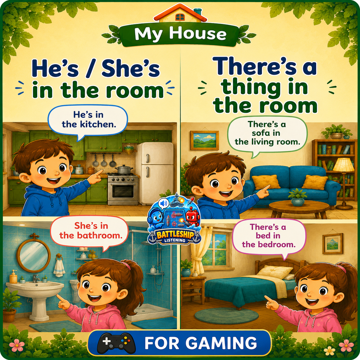 He's / She's in the room. There's a thing in the room